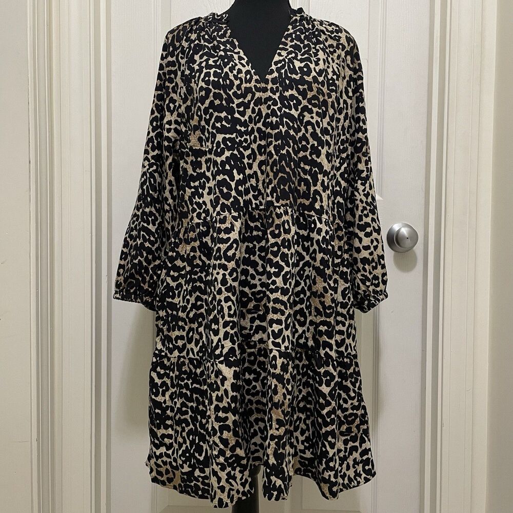 NEW The Drop Caralyn Mirand‎ Leopard Print Mini Dress 3/4 Sleeve Womens Large XL